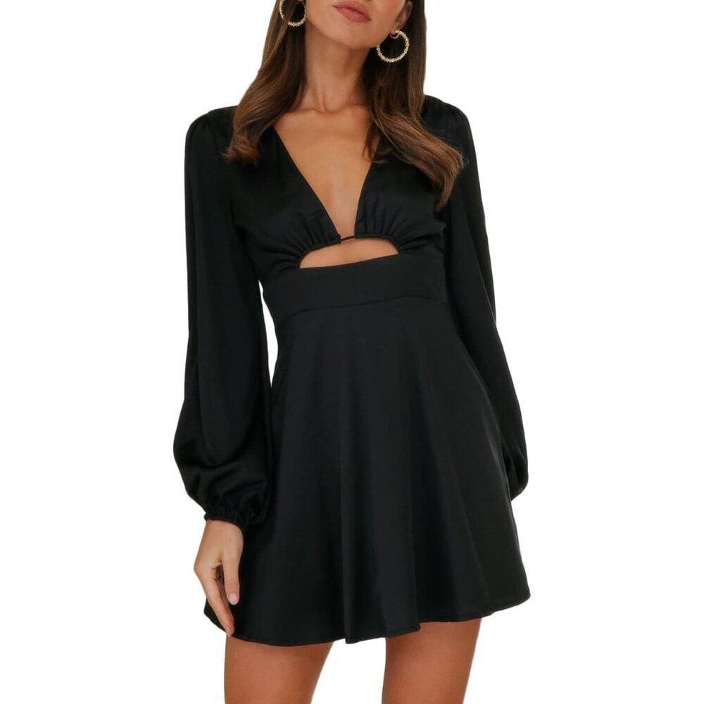 Women's Satin Deep V-Neck Long Sleeve Mini Dress Elegant Evening Party